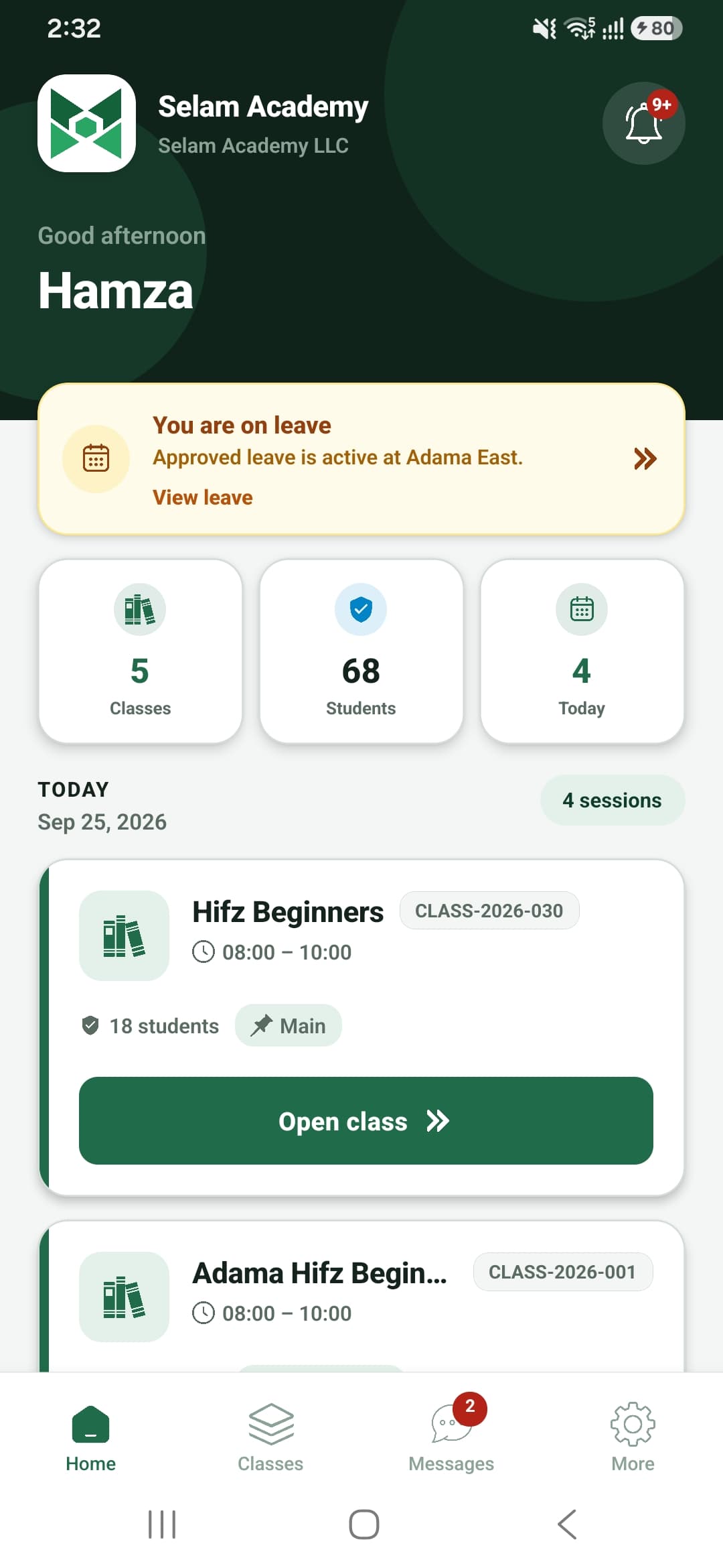 Ustaz App showing fast attendance rollcall and daily sessions